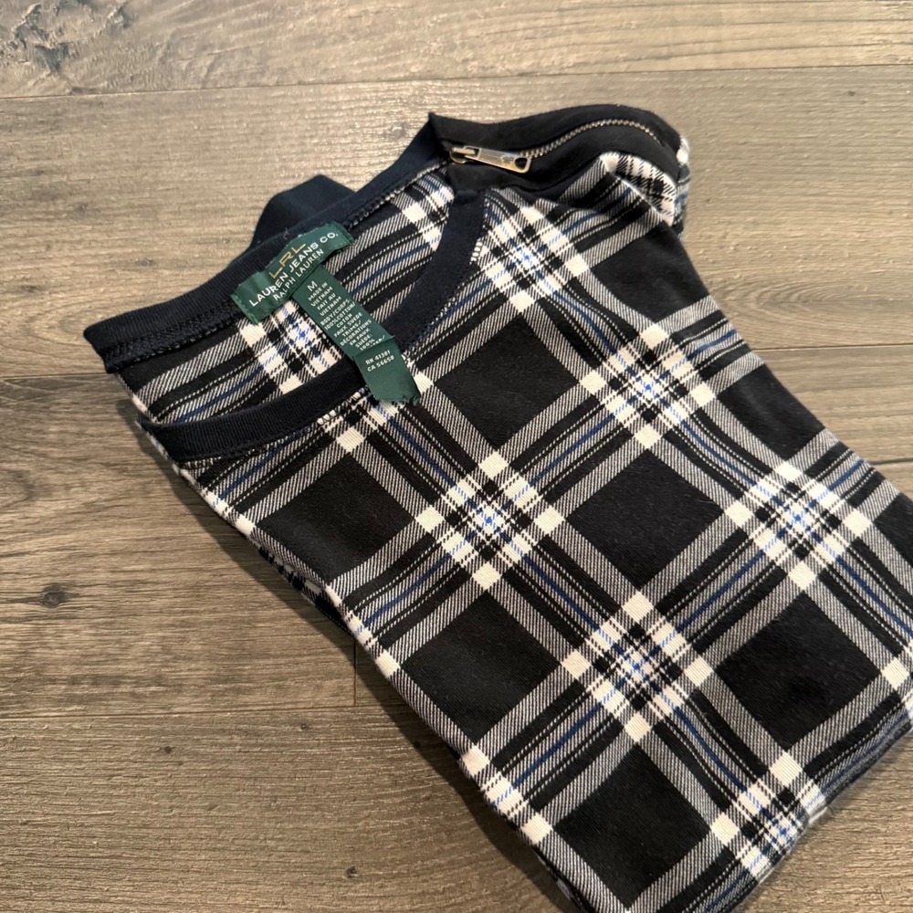 Lauren Ralph Lauren Black White Plaid Top Zipper‎ Shoulder Elbow Patch Medium
